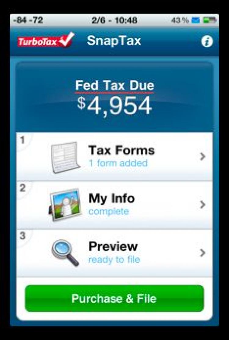 iPHONE SNAPTAX: The main screen of SnapTax, an iPhone app from TurboTax that lets users file their tax returns.  (Tan Truong/The Epoch Times)