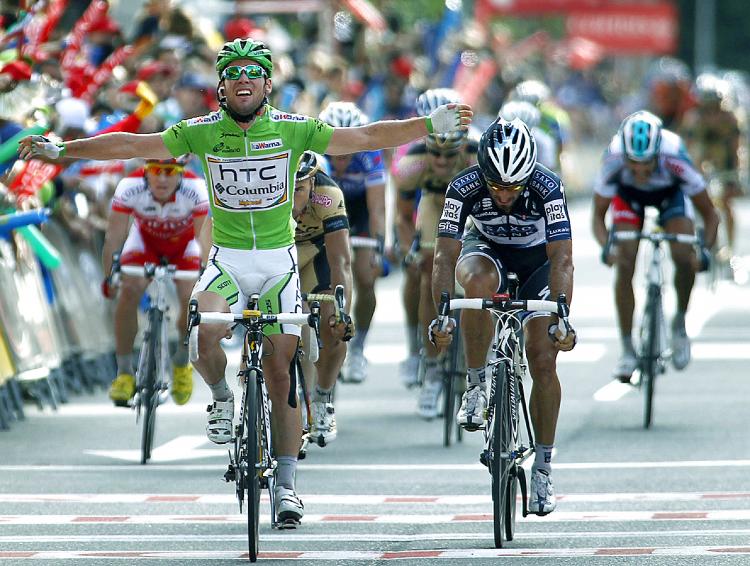 Mark Cavendish celebrates his third 2010 Vuelta a España win, outsprinting the field in Stage 18. (Jaime Reina/AFP/Getty Images) Mark Cavendish celebrates his third 2010 Vuelta a España win, outsprinting the field in Stage 18. (Jaime Reina/AFP/Getty Images)