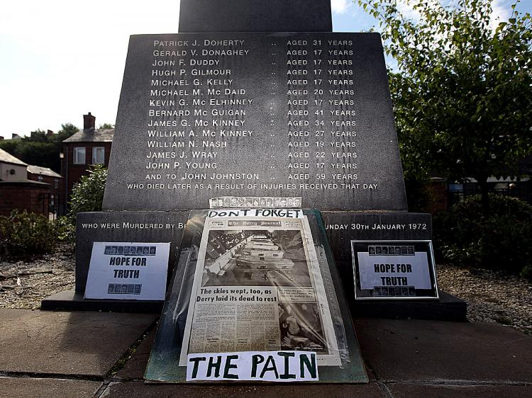 An old copy of The Derry Journal is placed at the foot of the memorial of the Bloody Sunday killings in the Bogside area of Londonderry on June 15, 2010 in Londonderry, Northern Ireland. (Oli Scarff/Getty Images) An old copy of The Derry Journal is placed at the foot of the memorial of the Bloody Sunday killings in the Bogside area of Londonderry on June 15, 2010 in Londonderry, Northern Ireland. (Oli Scarff/Getty Images)