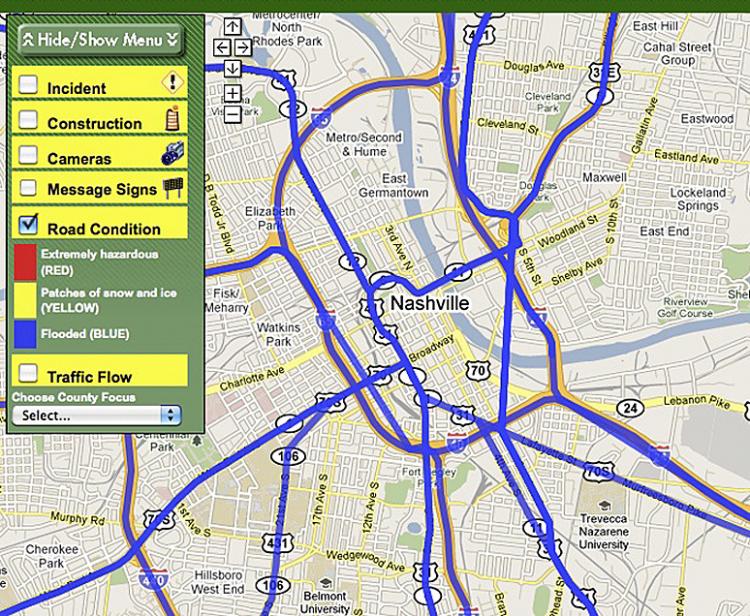 Screenshot of a Tennessee Department of Transportation Smartmap of Nashville, Tennessee at 7:15pm EDT Sunday. The blue lines represent flooding throughout the city. (Screenshot from of a Tennessee Department of Transportation website)
