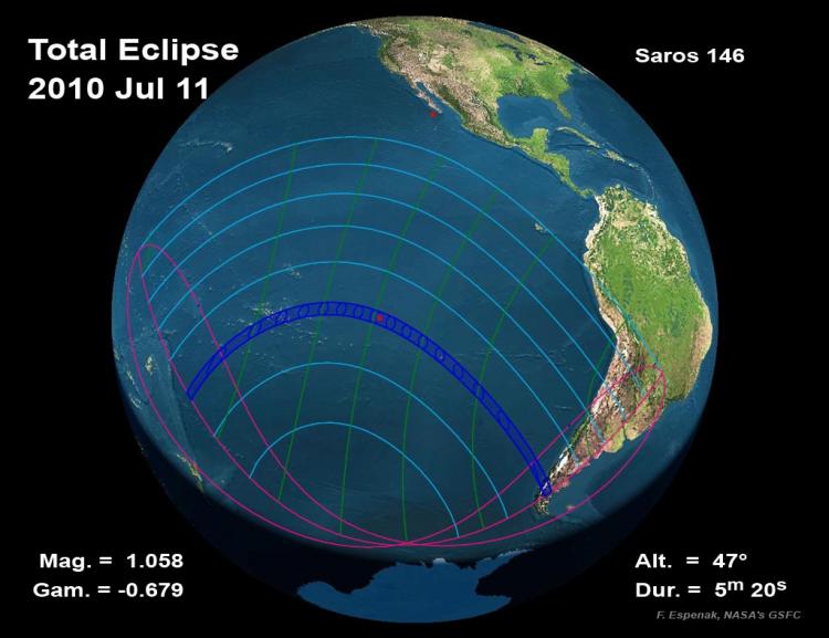 NASA predictive map of the July 11 solar eclipse. (Courtesy of NASA.gov)