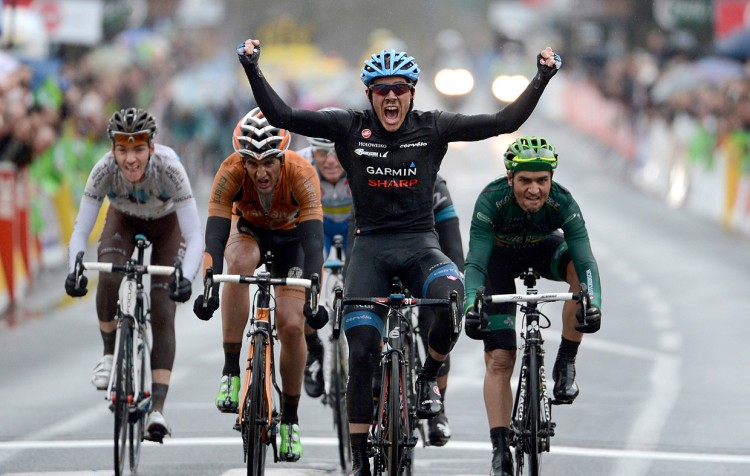 Andrew Talansky (2R) celebrates beating (from L) Romain Bardet, Gorka Izaguirre, and (R) David Lopez to the finish line in Srtage Four of the 2013 Paris-Nice cycling race. (slipstreamsports.com)