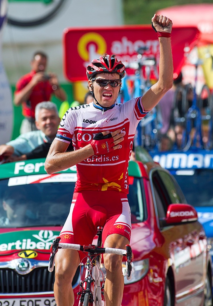 Rein Taaremae of Cofidis celebrates as he crosses the finish line of Stage 14 of the  Vuelta a España. (Jaime Reina/AFP/Getty Images)