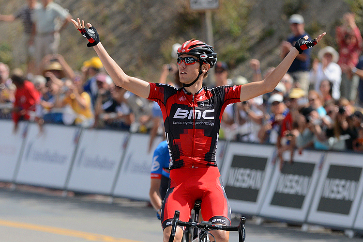 Tejay Van Garderen, riding for BMC Racing, celebrates as he crosses the finish line to win Stage Two of the USA Pro Challenge cycling race. (Garrett Ellwood/Getty Images)