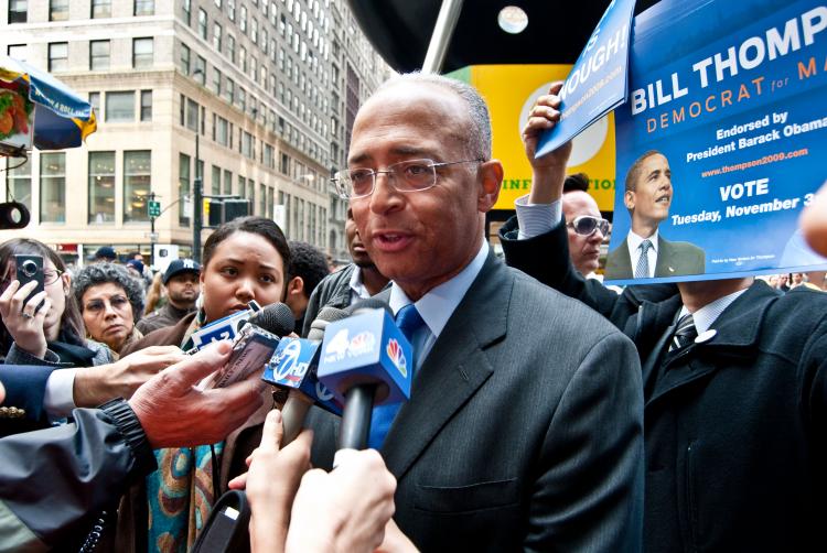 City Comptroller and mayoral candidate Bill Thompson speaks with reporters on the corner of 38th Street and 7th Avenue on Wednesday. (Joshua Philipp/The Epoch Times)