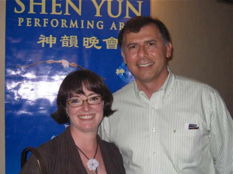 Johanna White with a colleague, Mitchell Matoian, at Shen Yun Performing Arts in Pasadena. (Flora Ge/The Epoch Times)