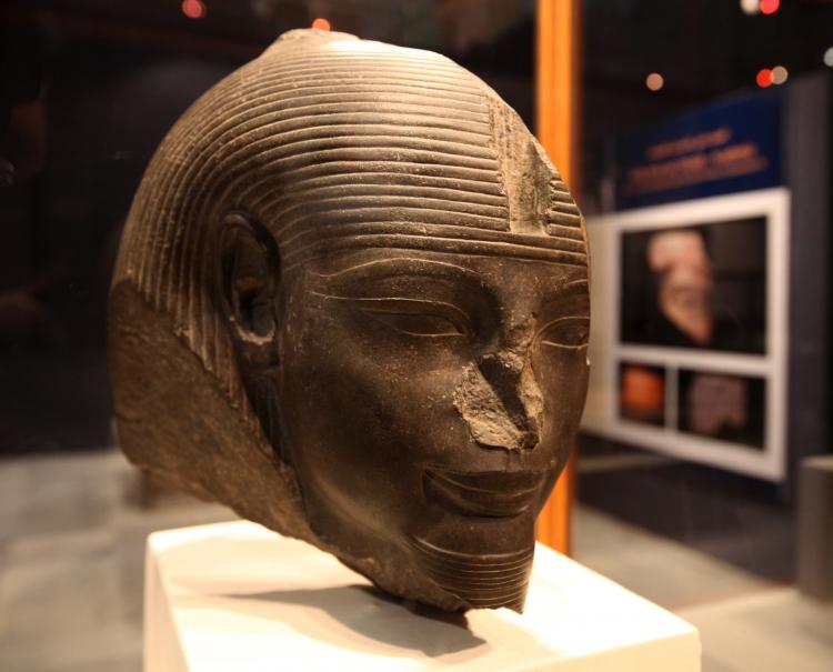 The Head of Amenhotep III, from the New Kingdom, Dynasty 18, is displayed at new exhibition at the Egyptian Museum in Cairo. Inside of Amenhotep III's tomb, a large statue of Thoth was discovered this week in Luxor, Egypt.  (Victoria Hazou/Getty Images)