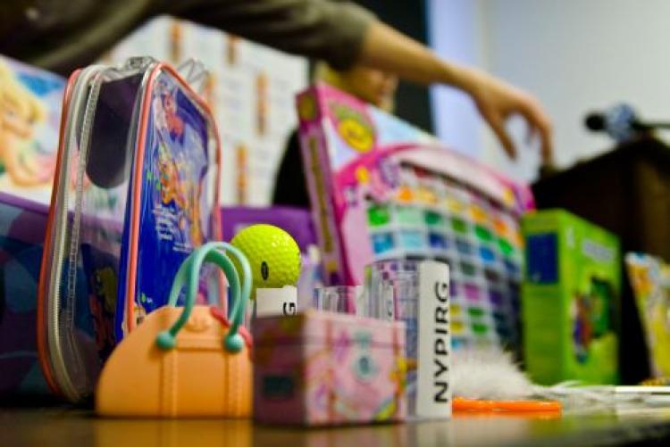 An assortment of toys found to be health hazards on display during a press event by the New York Public Interest Research Group (NYPIRG). Two new reports list numerous toys found to contain harmful chemicals. (Joshua Philipp/Epoch Times Staff)