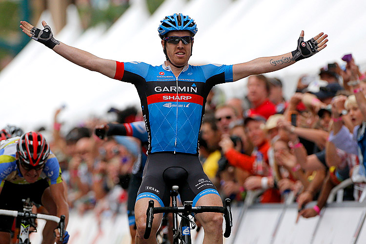 Tyler Farrar of Garmin-Sharp celebrates winning Stage Five of the USA Pro Challenge. (Doug Pensinger/Getty Images)