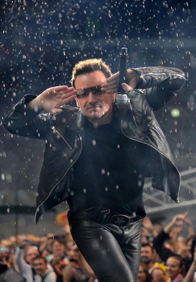 Bono of rock band U2 performs at Moscow's Luzhniki stadium. (ALEXANDER BLOTNITSKY/AFP/Getty Images)