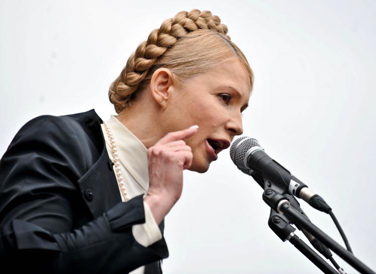 GROWING TENSION: Opposition leader Yulia Tymoshenko delivers a speech during a rally against President Viktor Yanukovych's government in front of the Parliament in Kyiv on May 11. (SERGEI SUPINSKY/AFP/Getty Images)