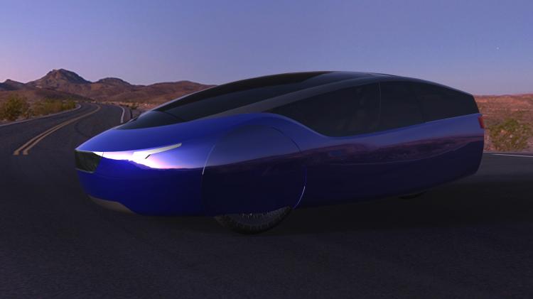URBEE: A digital, 3-D model of the Urbee car sits on a road in a digital environment.  (Courtesy of  Kor Ecologic)