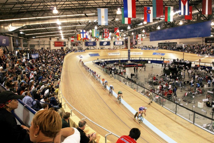 Cyclists race around the Velo Sports Center track at The Home Depot Center in Carson, Calif. Public input for a track like in Brooklyn Bridge Park is happening this summer with groundbreaking expected in 2014. (Photo courtesy of the Velo Sports Center at The Home Depot Center in Carson, Calif.)