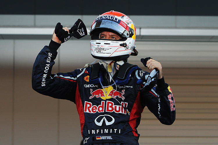 Sebastian Vettel of Red Bull Racing celebrates after winning the Formula One Japanese Grand Prix at the Suzuka Circuit on October 7, 2012. (Ker Robertson/Getty Images)