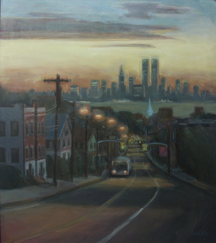 HAPPIER DAYS: 'Victory Boulevard at Dawn,' painted by Sarah Yuster in 1985. The twin towers stand tall on the horizon as seen from a Staten Island vantage point.  (Courtesy of Sarah Yuster)