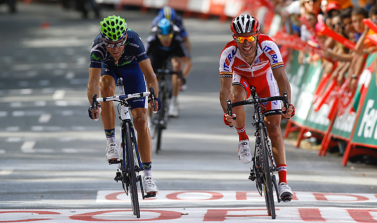 Movistar's Alejandro Valverde (L) wins Stage Three of the Vuelta a España, beating Katusha's Joaquin Rodriguez by millimeters. Rodriguez appears to think he won the stage. (Jose Jordan/AFP/GettyImages)