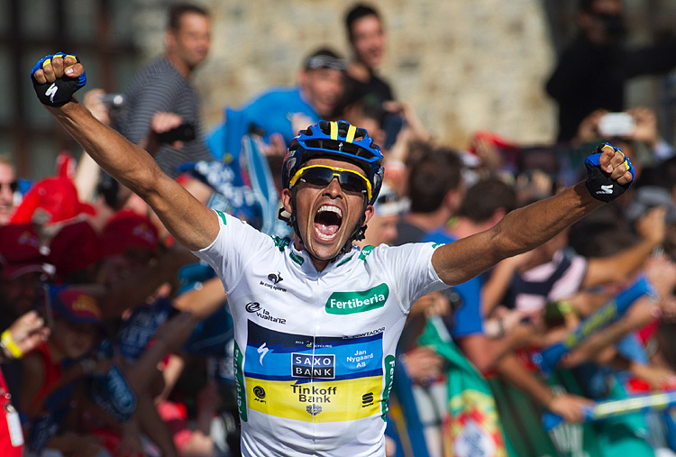 Alberto Contador of Saxo-Tinkoff is obviously ecstatic as he crosses the finish line to win Stage 17 of the Vuelta a España. (Jaime Reina/AFP/GettyImages)