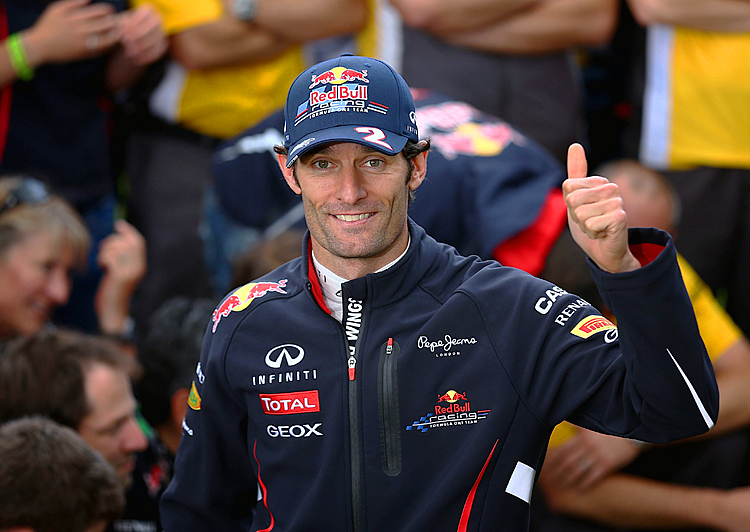 Mark Webber of Red Bull Racing celebrates after winning the Formula One British Grand Prix at Silverstone Circuit. (Clive Mason/Getty Images)