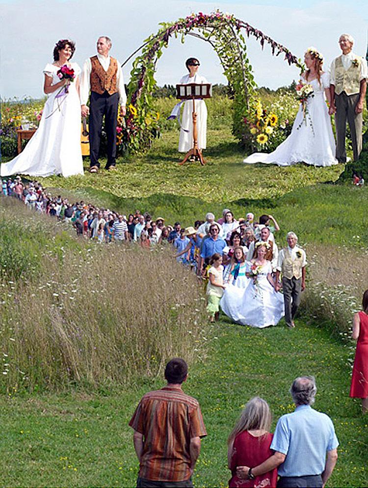 DOUBLE WEDDING AT ECOVILLAGE: Couple to the left Liz Walker and Jared Jones, center Reverend Jody Kessler, interfaith minister, to the right Graham O and Otto Ottoson.  (Composite Image by Jerry Feist and James Bosjolie)