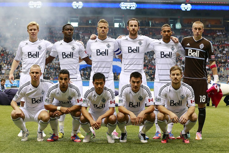 The Vancouver Whitecaps pose before taking on the Portland Timbers in MLS action at B.C. Place in Vancouver on Sunday, Oct. 21. (Jeff Vinnick/Getty Images) 