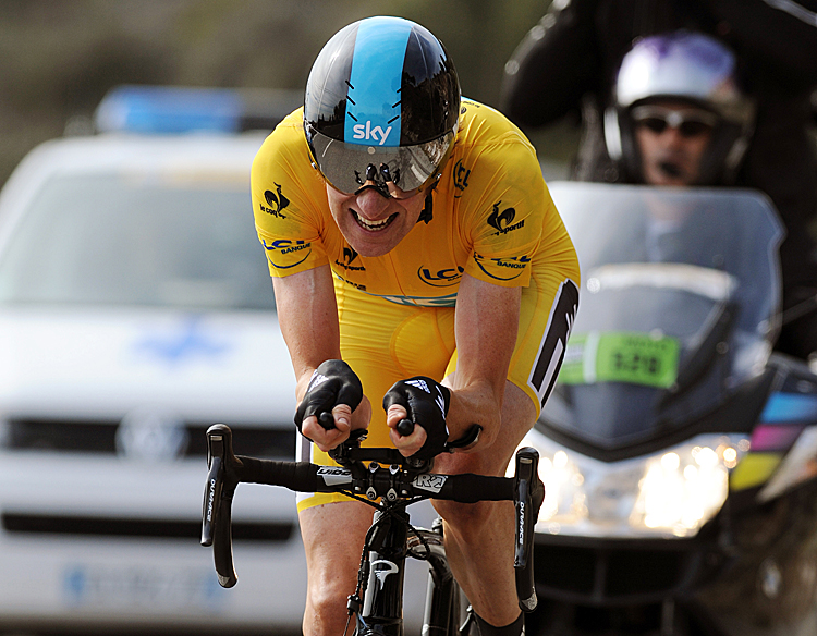 British Bradley Wiggins rides to victory in Stage Eight of Paris-Nice, the 9.6 km time-trial up Col d'Eze. Pascal Pavani/AFP/Getty Images)