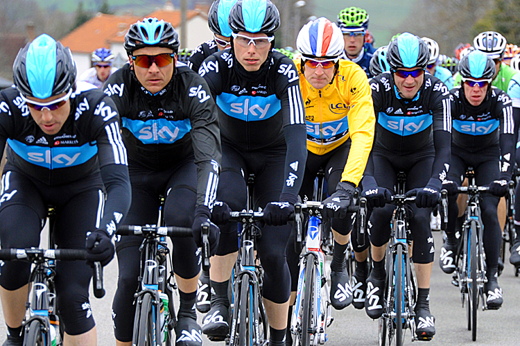 Protected by his Sky teammates, Bradley Wiggins rides in Stage Three of the 2012 Paris-Nice cycling race. (Pascal Pavani/AFP/Getty Images)