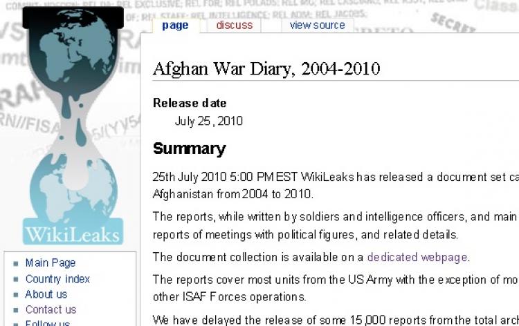 A screen shot from the Wikileaks website shows the July 25 posting of a collection of leaked classified U.S. documents pertaining to the war in Afghanistan. (Epoch Times Staff)
