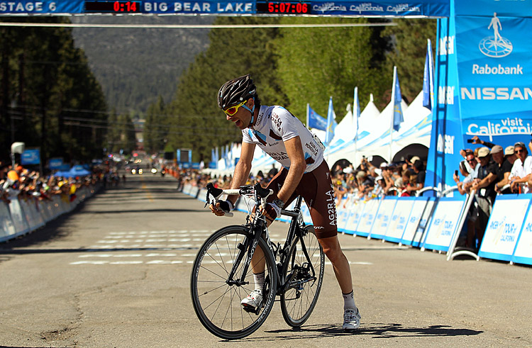 Sylvain Georges of Ag2R nearly collapses after crossing the finish line to win Stage Six of the Tour of California. The French rider made an incredible effort to lead the race for 184.5 km and solo the final fifty km fast enough that the peloton couldn't catch him. (Ezra Shaw/Getty Images)
