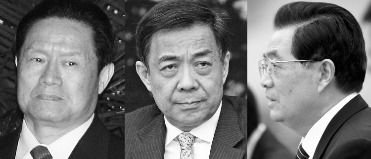 Hu Jintao (R) ; Bo Xilai (C) ; Zhou Yongkang (L)