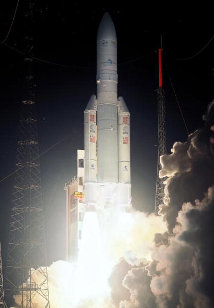 A handout picture released by European Space Agency on Aug. 22, 2009, shows the launching of Europe's spaceport Ariane 5 rocket the day before in Kourou, French Guyana. (P. Baudon/AFP/Getty Images)