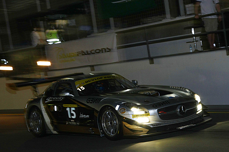 The #15 Gravity Charouz Racing Mercedes SLS AMG GT3 ran eighth at the halfway point. (24hdubai.com)