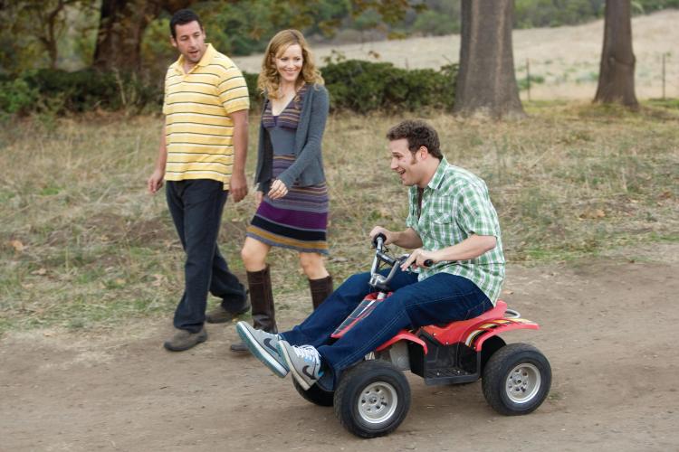 (L-R) Adam Sandler, Leslie Mann, and Seth Rogen in writer/director Judd Apatow's 'Funny People,' the story of a famous comedian who has a near-death experience. (Tracy Bennett/ Universal Pictures)