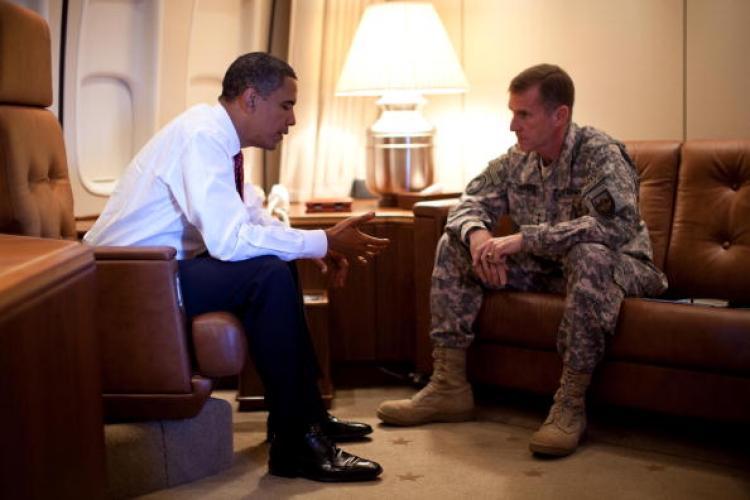 President Barack Obama (L) meets with General Stanley McChrystal (L), commander of U.S. Forces in Afghanistan, Oct. 2, while the president's plane was parked in Copenhagen, Denmark.  (Pete Souza/The White House via Getty Images)