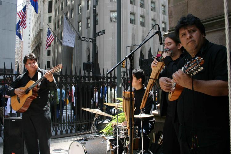 South American band Agua Clara plays on Aug. 13 at Trinity Church in Lower Manhattan. The performance is part of a free concert series every Wednesday at the church. (Katy Mantyk/The Epoch Times)