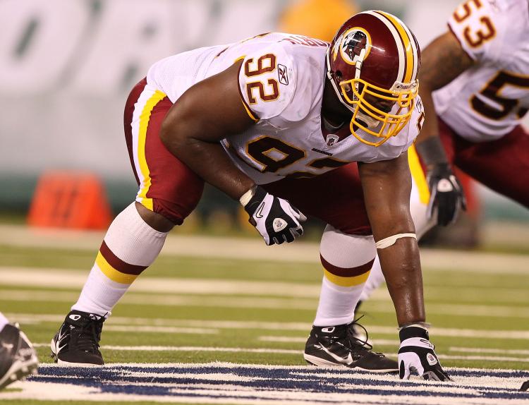 Albert Haynesworth #92 of the Washington Redskins in action against the New York Jets during their preseason game on August 27, 2010 at the New Meadowlands Stadium in East Rutherford, New Jersey. (Al Bello/Getty Images)