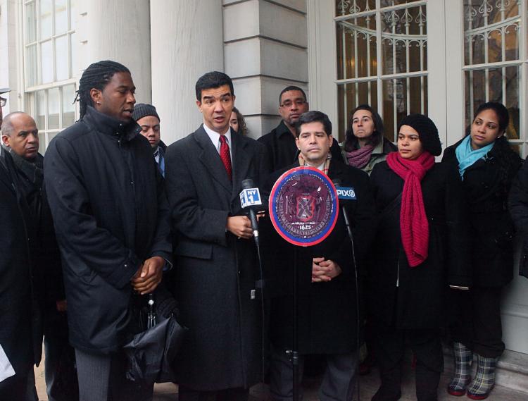 ALTERNATE RULES: Council Member Ydanis Rodriguez (2nd from L) proposed changes to alternate side parking rules on Tuesday that would allow parkers to return to restricted lanes after the street sweeper has passed. (Gary Du/The Epoch Times)