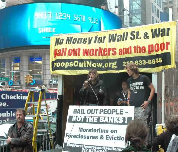 Anti-war demonstrators protest the $700 billion Wall Street bailout proposed by the Bush administration. (Seth Holehouse/The Epoch Times)