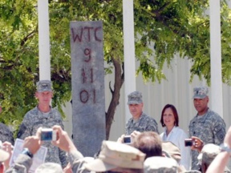 Gen. Stanley McChrystal, commander of NATO's International Security Assistance Force in Afghanistan, and Maj. Gen. Curtis M. Scaparrotti, commander of Combined Joint Task Force 82, at the unveiling of an I-beam from the World Trade Center.  (Sgt. Spencer J. Case)