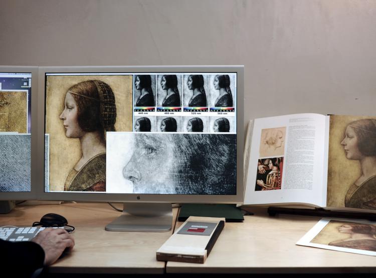 Using multispectral technology, scientists verified a painting to be a previously unrecognized work by Leonardo da Vinci as seen on a computer on Oct. 15, 2009, at the Lumiere Technology laboratory in Paris. The laboratory found a left-hand fingerprint on the work in January 2009 and established that it was very similar to one found on a da Vinci work. (Olivier Laban-Mattei/AFP/Getty Images)