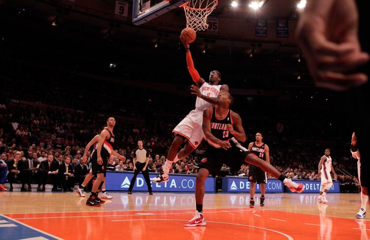 Madison Square Garden was closed Tuesday night amid asbestos concerns. Amar'e Stoudemire #1 of the New York Knicks lays the ball up over Marcus Camby #23 of the Portland Trail Blazers at Madison Square Garden on October 30, 2010 in New York City. (Nick Laham/Getty Images)