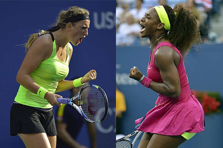 Victoria Azarenka (L) will play Serena Williams for the U.S. Open Tennis Tournament's Women's title Saturday night. (Timothy A. Clary/AFP/GettyImages)