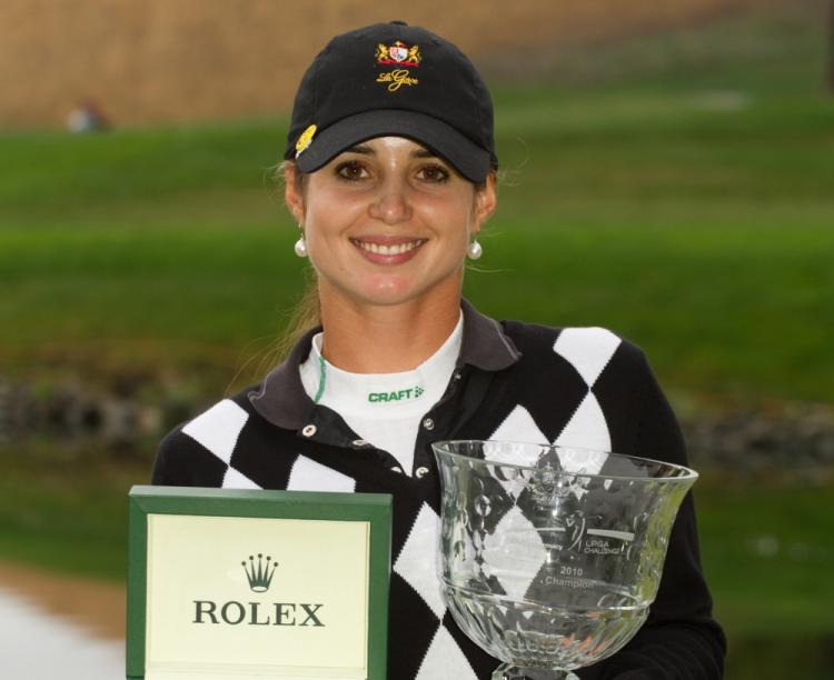Beatriz Recari of Spain poses with the champion's trophy and the Rolex first-time winner's award following her victory at the CVS/Pharmacy LPGA Challenge at Blackhawk Country Club on October 17, 2010 in Danville, California.   (Darren Carroll/Getty Images)