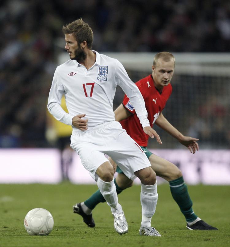 STILL GOT IT: David Beckham was named Man-of-the-Match against Belarus on Wednesday. (IAN KINGTON/AFP/Getty Images)