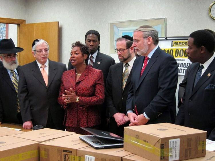 Congresswoman Yvette Clark (C) Assemblyman Dov Hikind (2nd R) Councilman Mathieu Eugene and councilman Jumaane Williams (R and C rear) met with leaders from the Jewish community on Sunday to discuss assistance efforts to local Haitians.  (Courtesy Alexander Rapaport)