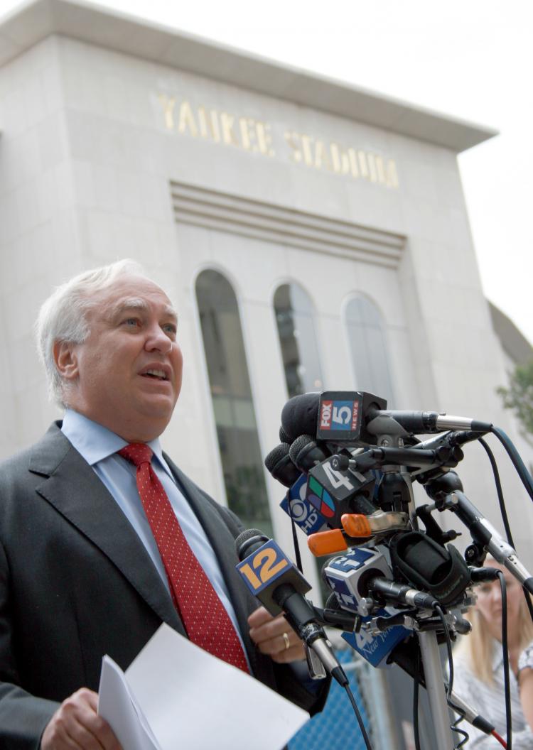 Standing at the construction site of the new Yankee Stadium in the Bronx,  New York Assemblyman Richard Brodsky answers press questions about his report on the abused allocation of publicly funded subsidies paying for the project. September 16, 2008.  (Katy Mantyk/The Epoch Times)