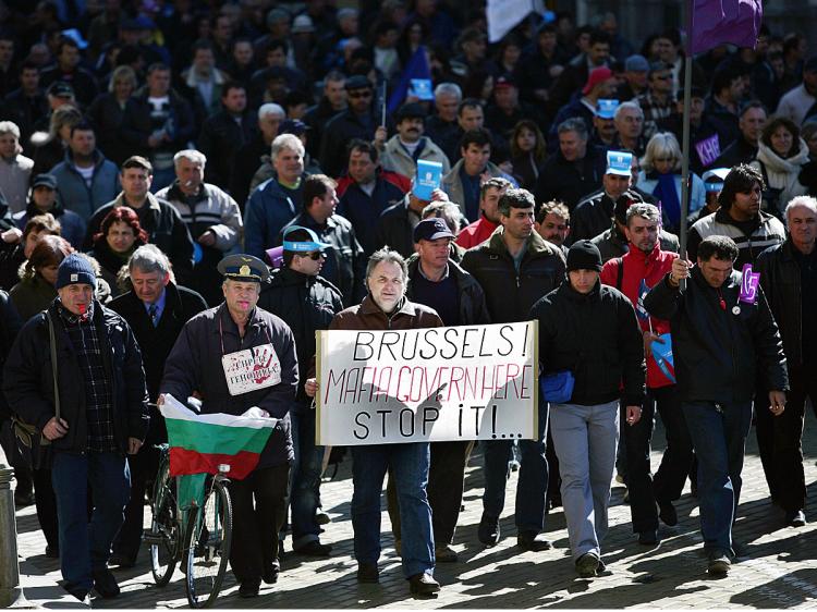 Bulgarian steel workers shout slogans and hold placards as they protest in the center of Sofia on March 9, 2009.    (Boryana Katsarova/AFP/Getty Images)