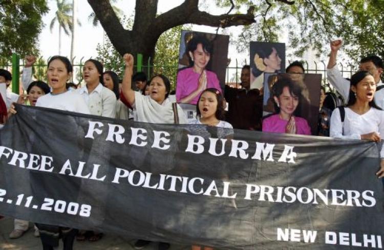 Burmese pro-democracy supporters in New Delhi hold portraits of Nobel Peace Prize Laureate Aung San Suu Kyi at a protest against the Burmese military junta on November 22, 2008. They are calling for global actions against the junta for its severe convictions and unfair trials and demanding the release of Suu Kyi and all political prisoners. (Raveendran/AFP/Getty Images)