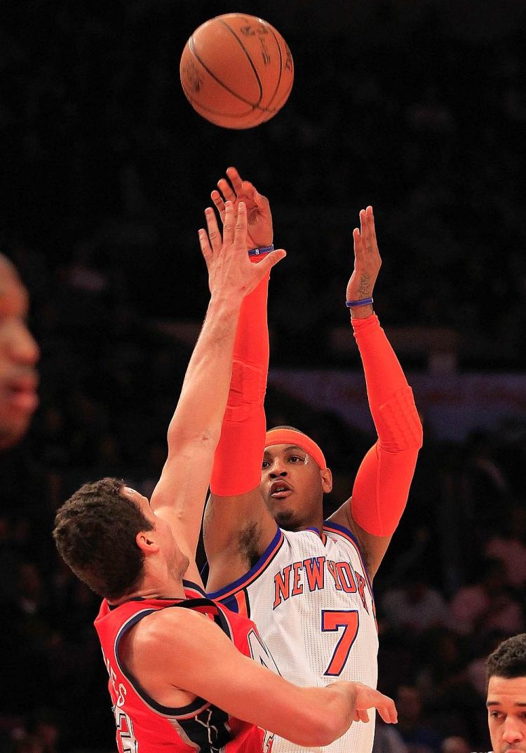 GOOD SHOT: Carmelo Anthony had another phenomenal 39 point game for the Knicks on Wednesday. (Chris Trotman/Getty Images)