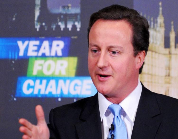 In this handout image supplied by the Conservative Party, Leader of the Conservative Party David Cameron delivers his first speech of 2010 at The Oxford School of Drama, on Jan. 2 in Woodstock, Oxfordshire, England.  (Andrew Parsons/Conservative Party Via Getty Images)