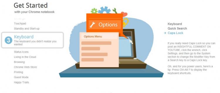 Caps lock key? Forget about it if you want Google's new Chrome OS netbook. (Screenshot of http://www.services.google.com/chromeos/gettingstarted/)